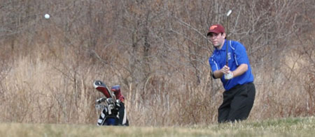 Image of golfer swinging and golf bag