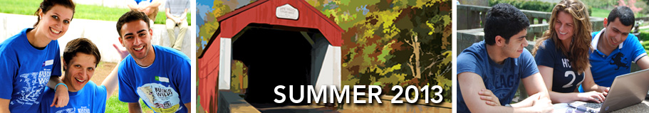 Summer Registration Banner - groups of students smile for the camera; a large Bucks umbrella on a sandy beach with ocean waves