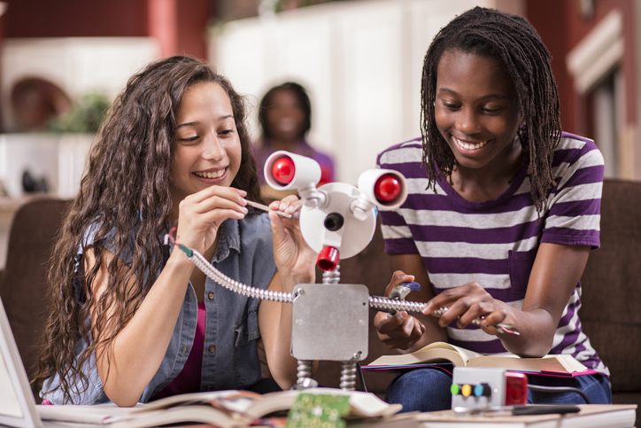 young girls working on robotics project