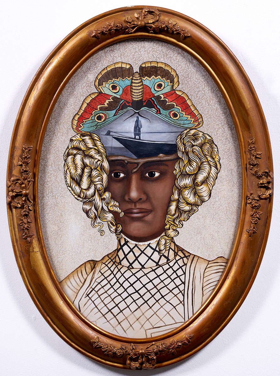 Image: Lezley Saar, I felt in love with this piece of you, 2017
Acrylic on fabric over wood panel, antique frame


