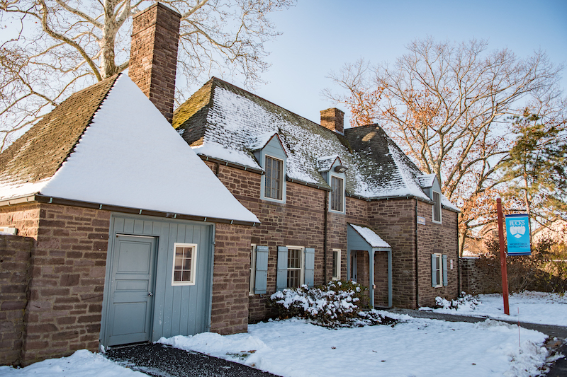 snowy cottage on bccc campus