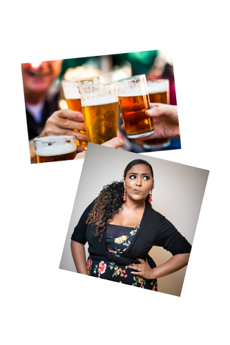 Collage with beer glasses and Comedian Jasmine Ellis
