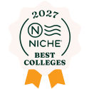 2027 Niche Best Colleges award emblem with a green seal and two orange ribbon tails.