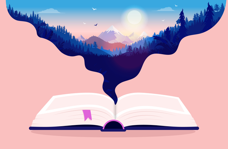 abstract illustration of book in front of mountains