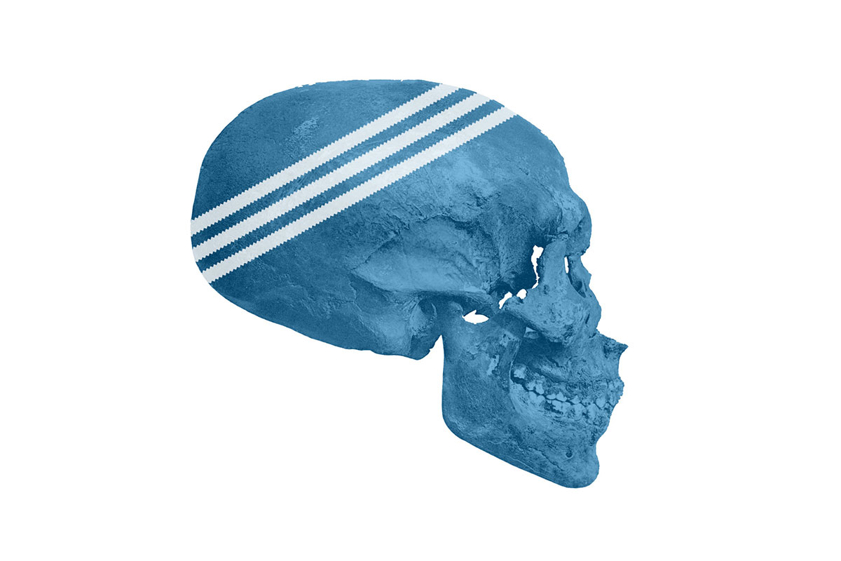 Blue skull profile with three white stripes across head