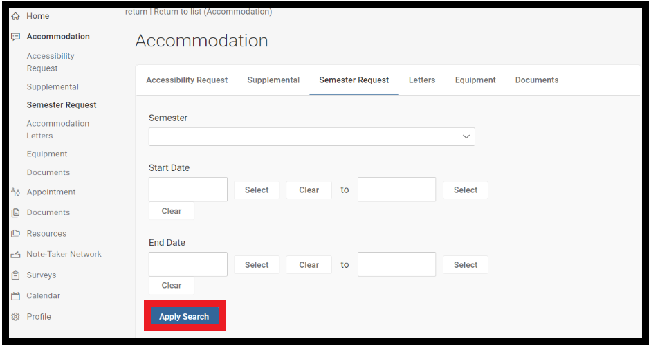 Semester Request tab open with Apply Search button selected