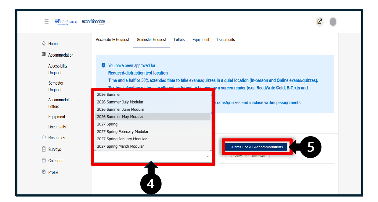 Semester Request 4. drop-down list 5. Submit for all accommodations