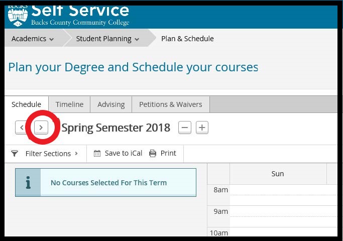 Self Service Plan and schedule tab with the arrow selected for semester